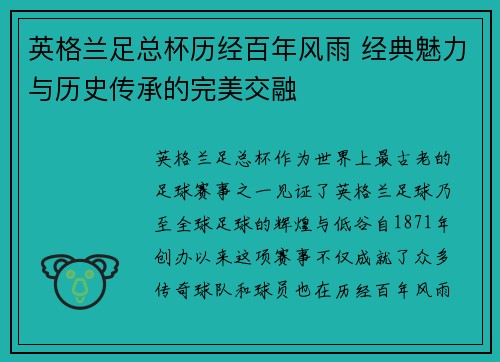 英格兰足总杯历经百年风雨 经典魅力与历史传承的完美交融