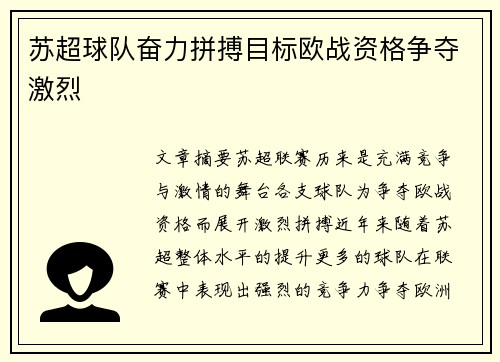 苏超球队奋力拼搏目标欧战资格争夺激烈